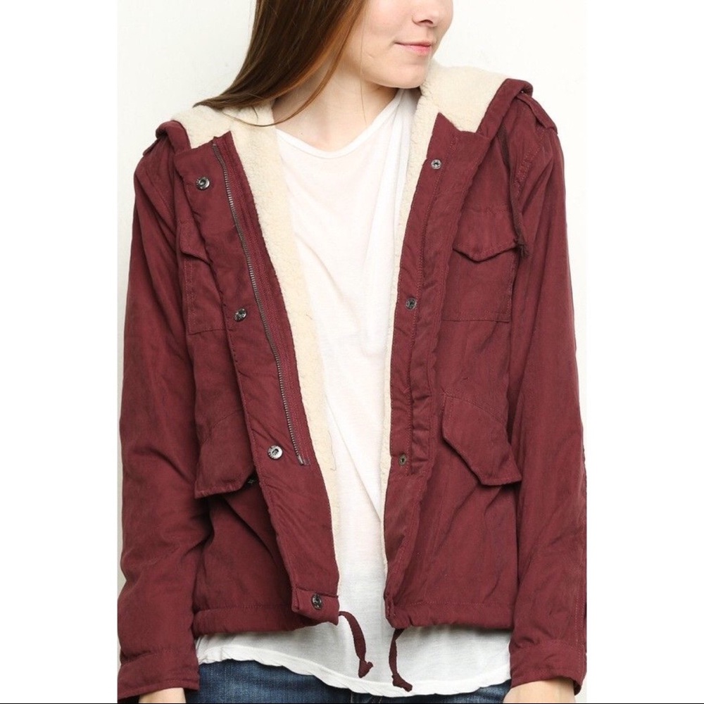 Brandy Melville Hailey Sherpa Jacket with Hoodie Burgundy Maroon Red